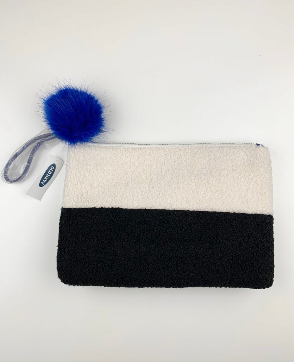 New Old Navy Clutch Sherpa Patchwork Purse Bag Wristlet Pom Pom Travel Make Up